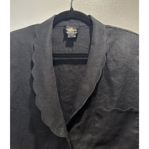 Vintage Oleg Cassini Linen Blouse Black Scalloped Button Front Short Sleeve - Picture 3 of 7